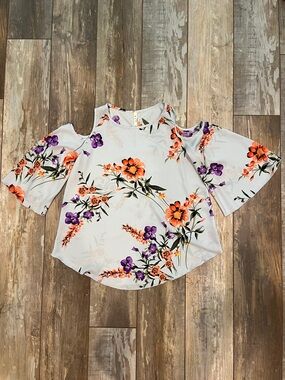 mts White Cold-Shoulder Floral Blouse with Orange & Purple Flowers
